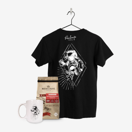 KIT ASTRONAUTA - CAMISA ASTRONAUTA PRETA + CAFÉ ROMÃO 90,37 + CANECA BRANCA ASTRONAUTA
